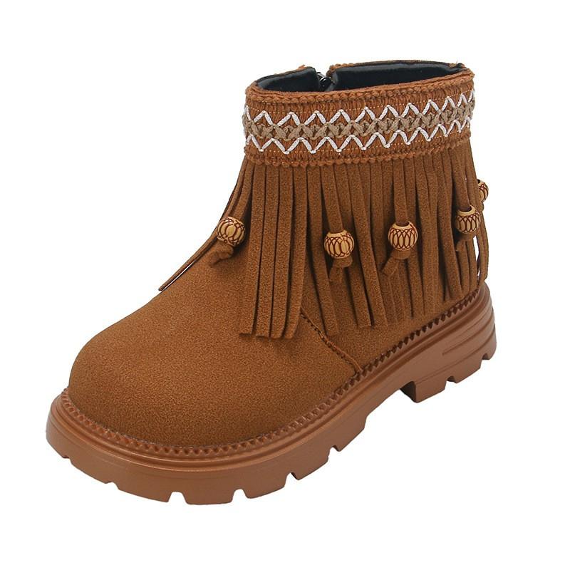 Girls Winter Boots With Tassel Trim Faux Leather Mid-Calf Warm Shoes Kids Ages 4-12 Rubber Sole Anti-Slip