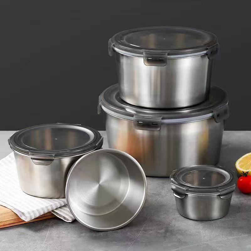 304 Stainless Steel Fresh-Keeping Box Refrigerator Round Food Storage Containers With Lid Kitchen Sealed Leakproof Lunch Box