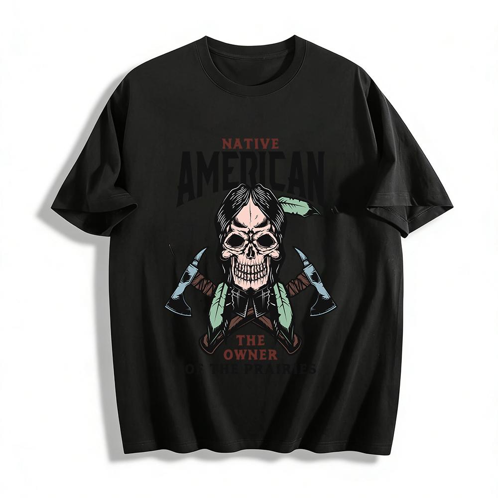 

Native American Prairie Owner Skull Axe Graphic Retro Casual Tee Pure cotton T-shirt XXS