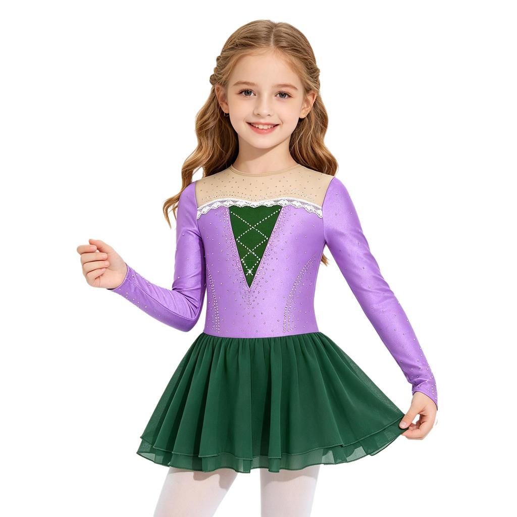 Girls Princess Costume Mesh Patchwork Long Sleeve Sparkly Rhinestones Lace Decor Contrast Color Dress