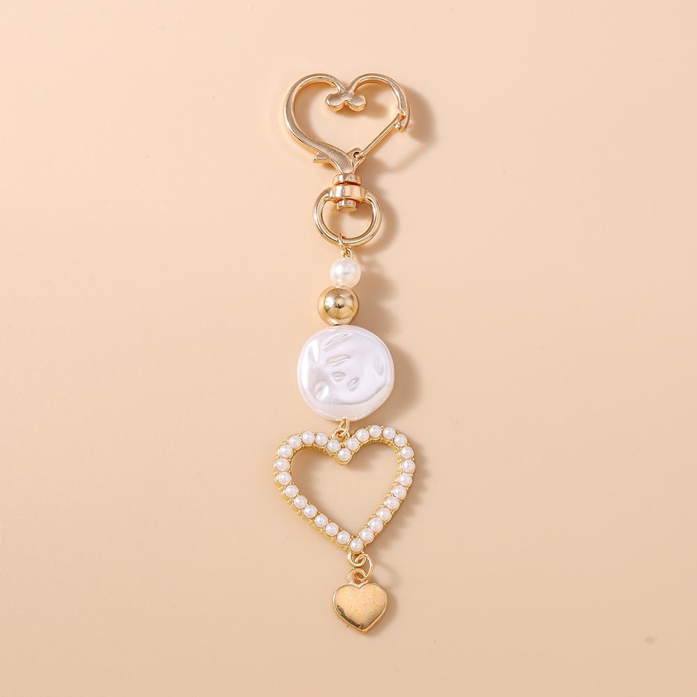 Cute Bowknot Love Heart Keychain Women Girl Pearl Beaded Key Ring Pendants for Handbag Decor DIY Handmade Key Chain Gift