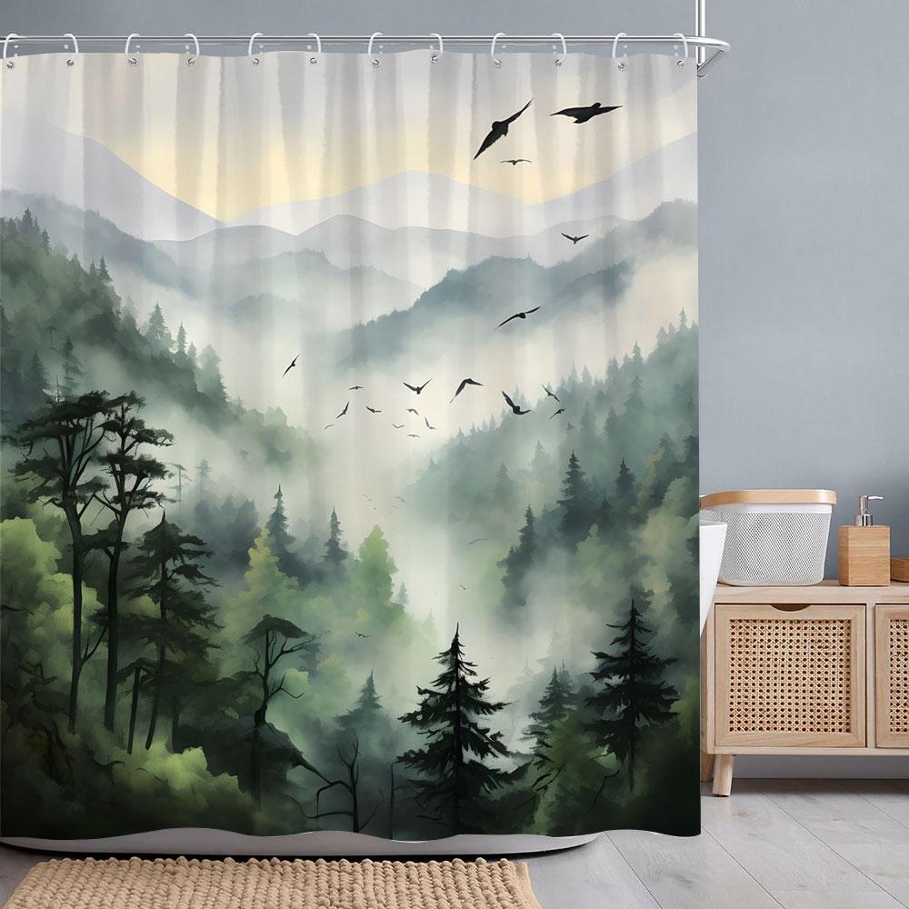 Misty Forest Watercolour Shower Curtain Geese Faraway Mountain Nature Landscape Fabric Shower Curtains Bathroom Decor with Hooks