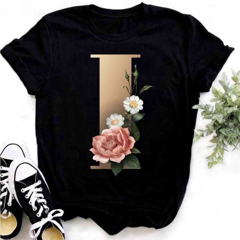Fashion Golden 26 Letters Flower Harajuku Print Ladies T-shirt Casual Basics O-collar Black Shirt Short Sleeve Ladies T-shirts