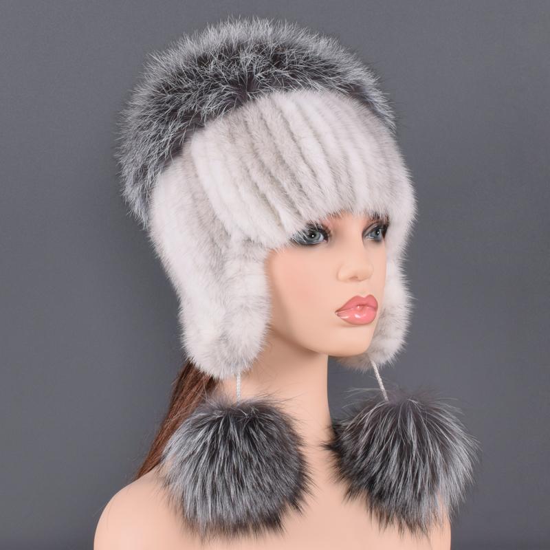 Natural Fur Hat For Women Real Mink Fur and Fox Fur Handmade Winter Female Cap Genuine Fur Lined Beanies Big Fox Fur Pompom Hats
