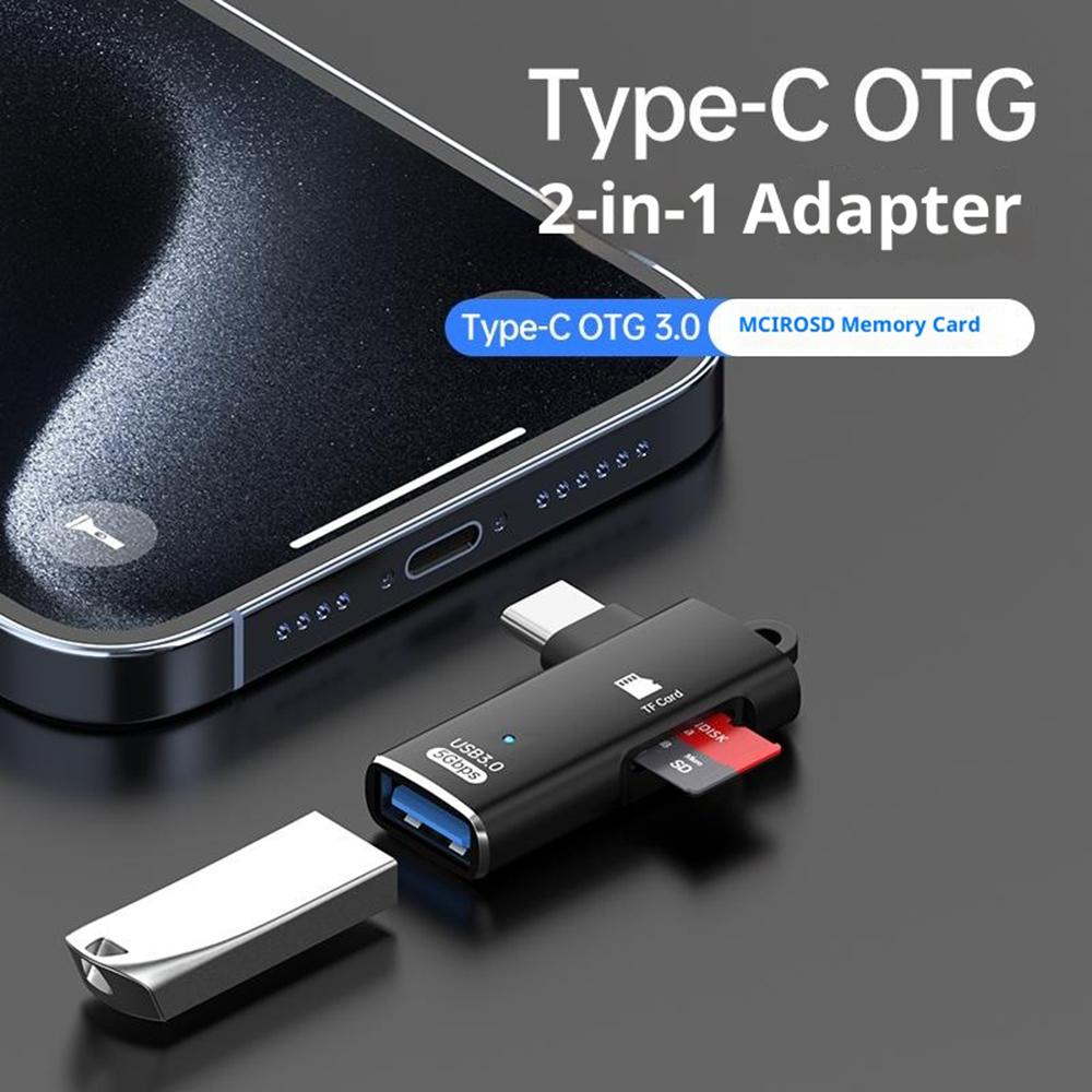 TYS-304 Angled Type-C OTG Adapter to USB 3.0 + TF Card Slot Converter for Mouse/Keyboard/Flash Drive/SSD