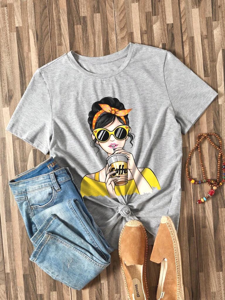 2025 Womens Casual Portrait Print Crew Neck Short Sleeve Fitted TShirt Suitable Summer Cute T Shirt Clothing Tee FeUnisex Tops