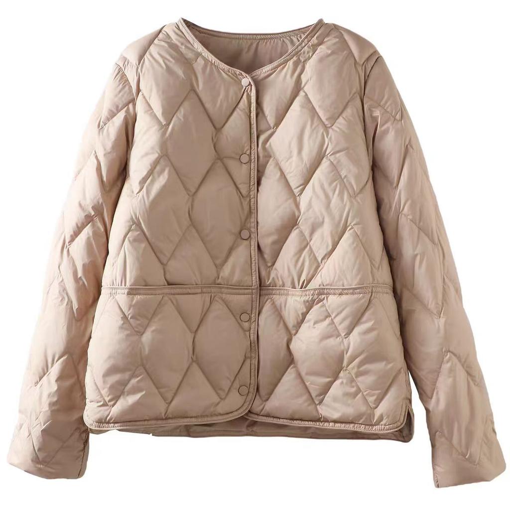 White Duck Down Light Down Jacket Women's Short Winter Fashion Rhombus Warm Casual Round Neck Jacket Pinghu