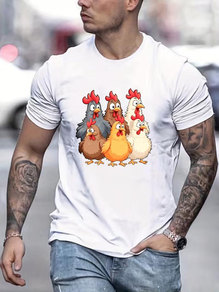 Men Crew Neck Tee Six Funny Chicken Cartoon Front Print Short Sleeve Oversized Male Daily Casua