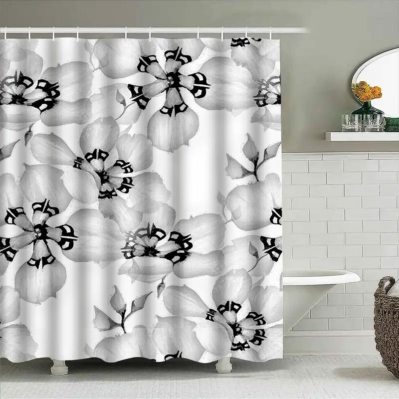 Modern White Flower Printed Shower Curtain Waterproof Fabric Bathroom Decor For Home Decoration