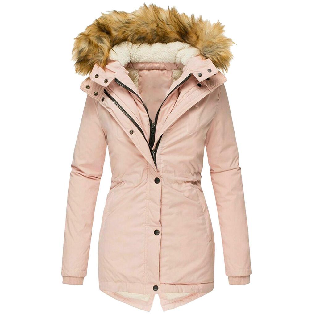 Giacca Invernale Calda da Donna con Collo in Pelliccia, Cerniera, Maniche Lunghe, Vestibilità Slim, con Cappuccio