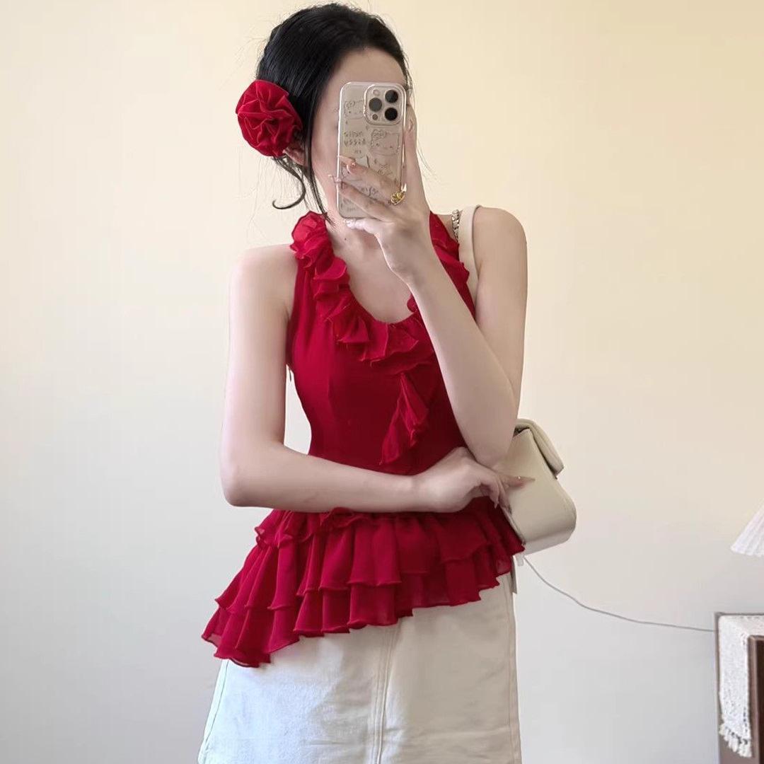 Summer 2026 Women s Red Halter Neck Ruffle Camisole with Irregular Hem Large красный