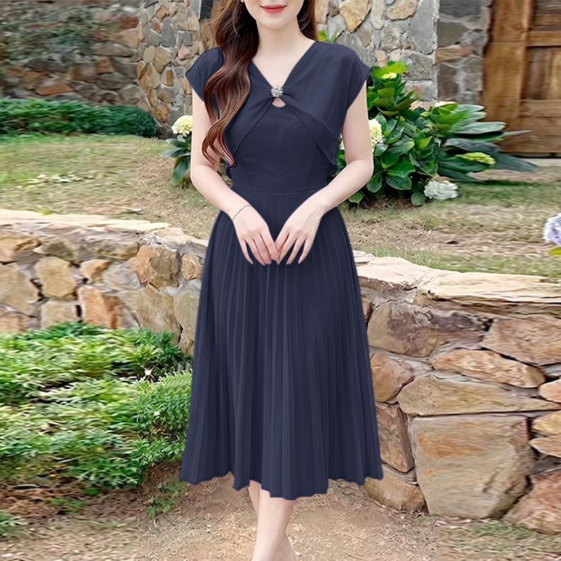 

ZANZEA Women Casual V-Neck Solid Color Short Sleeve Pleated Dress 5XL темно-синього кольору