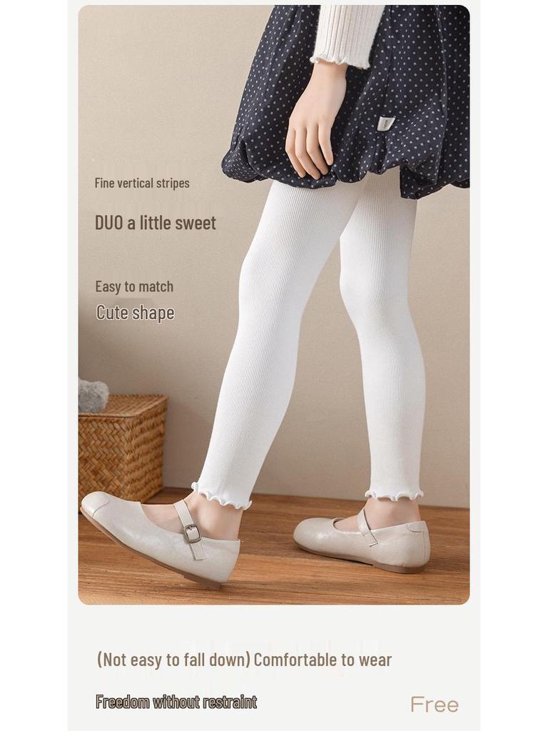 2025 Autumn/Winter Girls' Ruffle Edge Brushed Leggings - Solid Color, Versatile, Elastic Nine-Point Pants