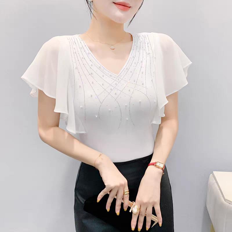 Summer European Women T-Shirt Clothes Sexy V-neck Luxury Hot Diamonds Tops Chic Female Short Sleeve All Match Tees
