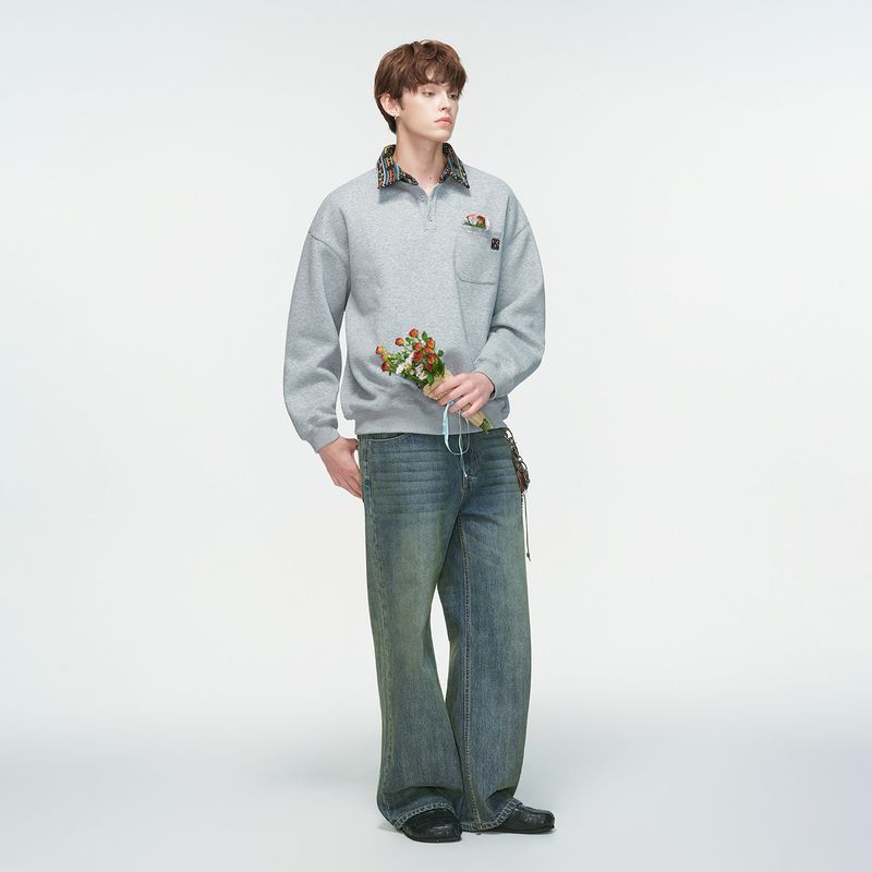 Dream Made American Retro Ethnic Style Jacquard Polo Shirt Sweatshirt Men's Spring and Autum Casual Loose Top