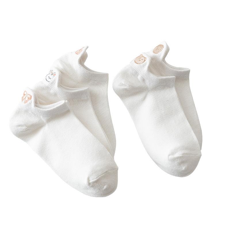 5 Pairs Cute White Socks Women Embroidered Short Ankle Socks Coffee Rabbit Bear Bowknot Love Heart Expression Cotton Boat Socks