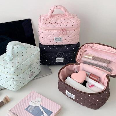 Cute Polka Dot Quilted Cosmetic Bag Large Capacity Soft Handle For Travel Daily Skincare Storage