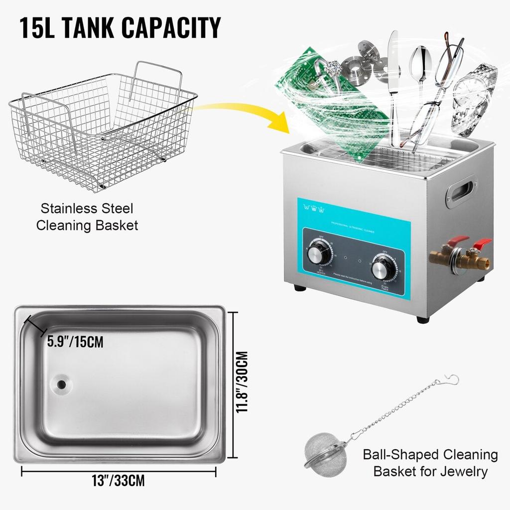 15L Ultrasonic Cleaner Jewelry Cleaner with Heater Timer for Jewelry Cleaning Knob Control Eyeglass Rings Dentures Music Instruments