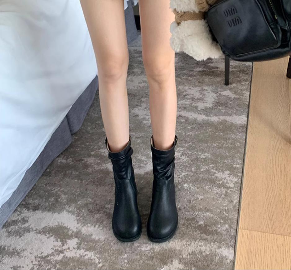 Cowhide~ Grape Mom Korean Pleated Buckle Belt Thick Heel Stack Knight Boots Medium Tube Thin Long Boots Genuine Leather Women's Short Boots