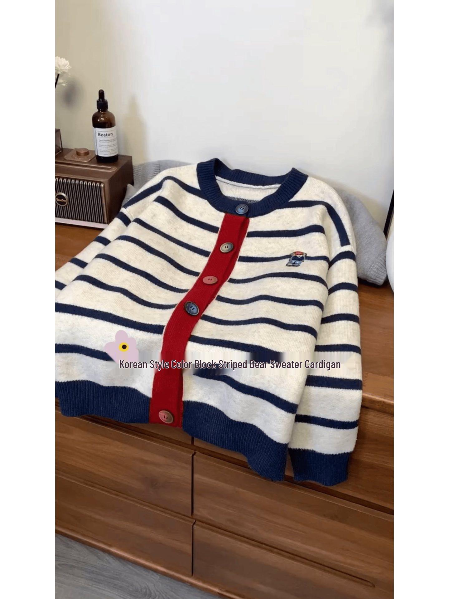

Women s Autumn Retro Striped Cartoon Knit Cardigan - Korean Style S (Recommended for 35-47.5 kg)