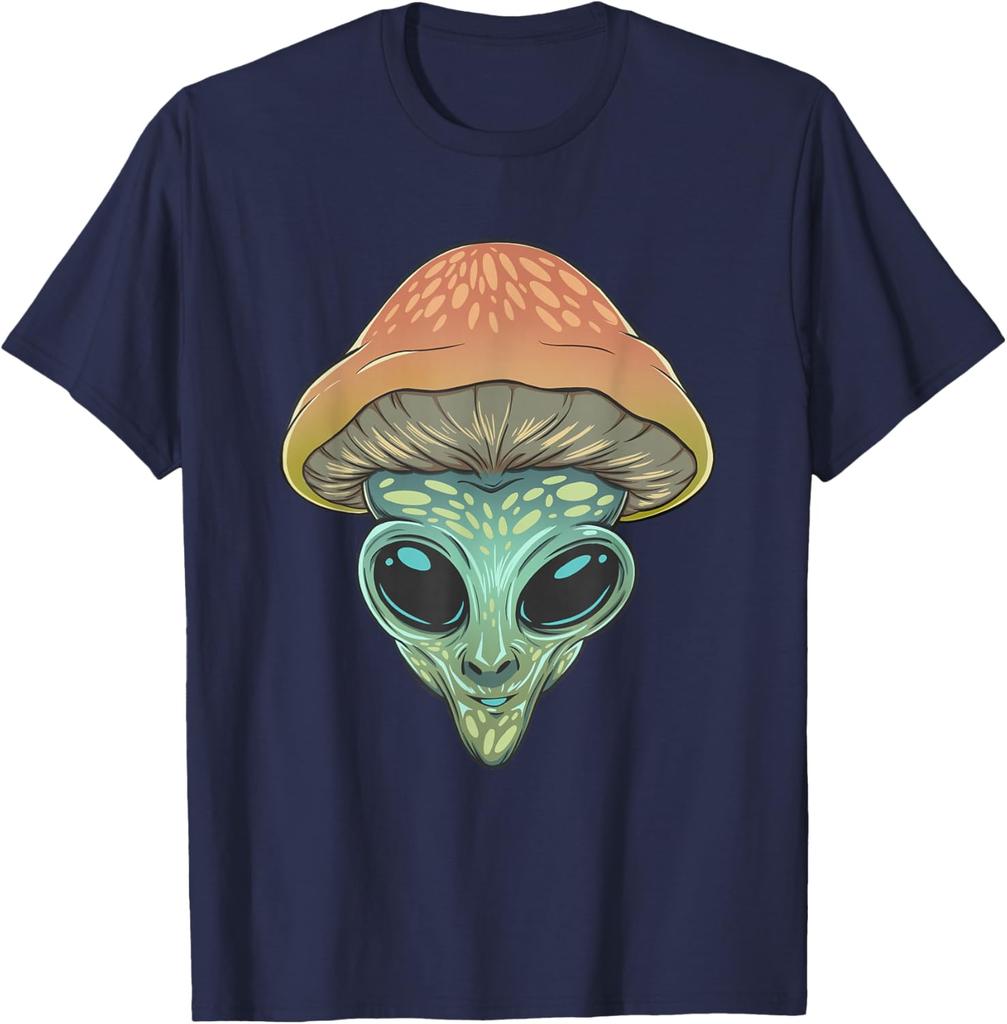 Mushroom Alien Extraterrestrial Trippy Psychedelic Graphic Tee Casual Cotton T-Shirt