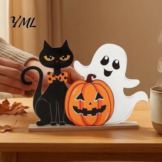 Compact Festive Ornaments Halloween Table Decor, Wooden Black Cat Ghost Pumpkin Decorations Indoor Cute Burr Free Wood Crafts Gifts, Room Decor