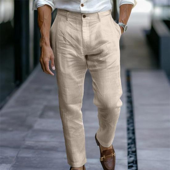 Men Linen Casual Pants Plain Color Dress Pants with Trousers Breathable Regular Fit Belt Loop