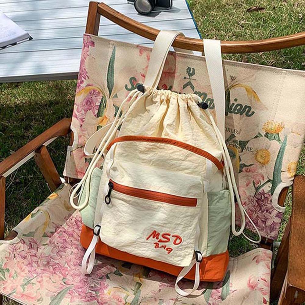 Portable Outdoor Nylon Shoulder Pouch Embroidery Drawstring Bucket Cloth Bag  Hiking