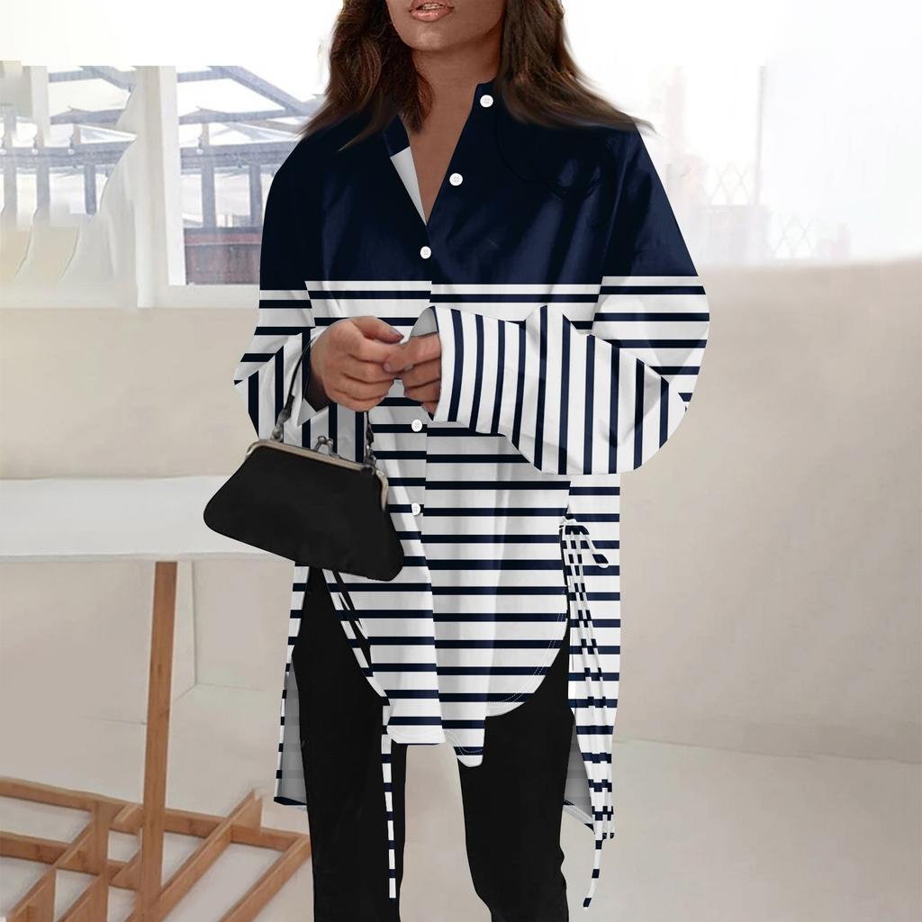 Camicia da donna di tipo sciolto a maniche lunghe con risvolto a maniche lunghe tinta unita alla moda
