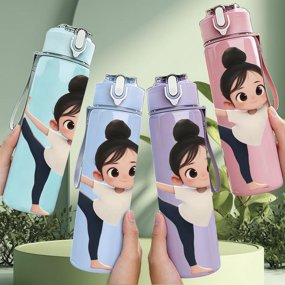 1PC Little Girl Kick Yoga Pose Print 750ml Color Plastic Sports Water Bottle Leakproof Flip Straw Lid Suitable for Sports Office Home Use