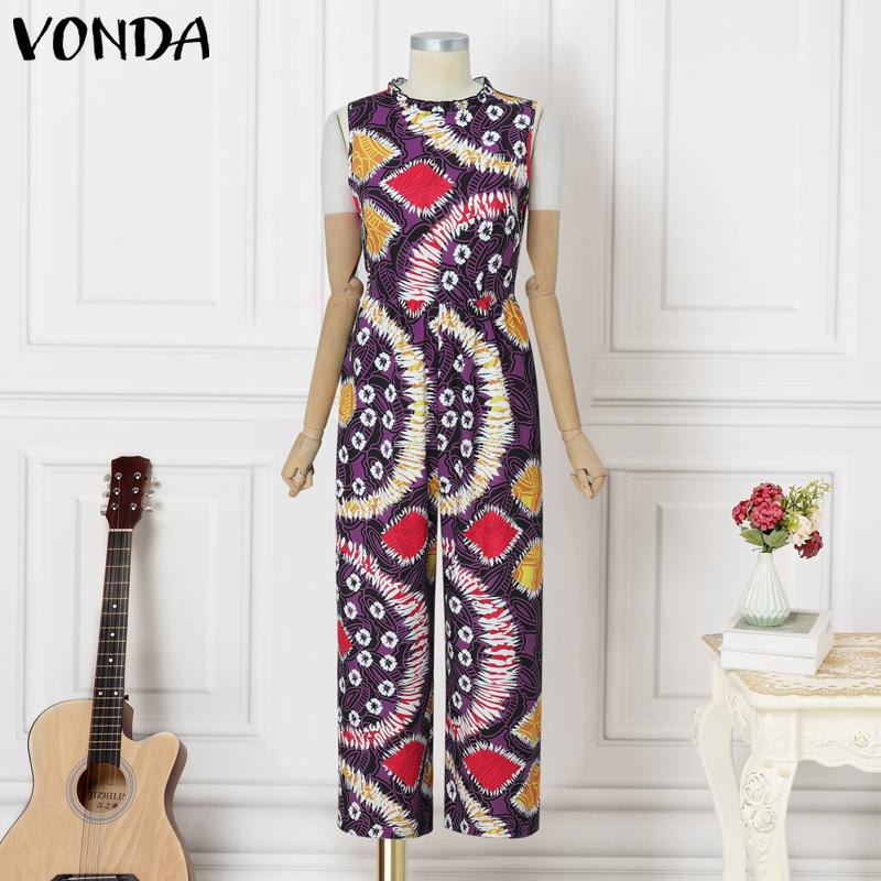 VONDA Women O Neck Sleeveless Hawaiian Print Casual Beach Holiday Long Jumpsuits Rompers