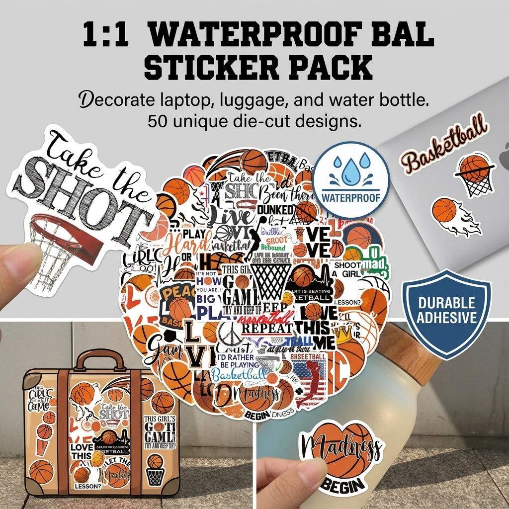50Pcs Basketball Theme PVC Waterproof Stickers for Luggage Laptop Phone Case Decoration