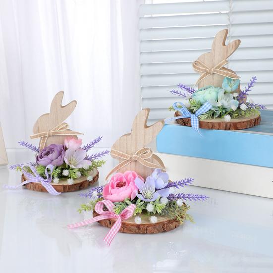Easter Bunny Wooden Sign Desktop Bunny Ornament with Artificial Flower Spring Party Tabletop Centerpiece for Tiered Tray Home Decor