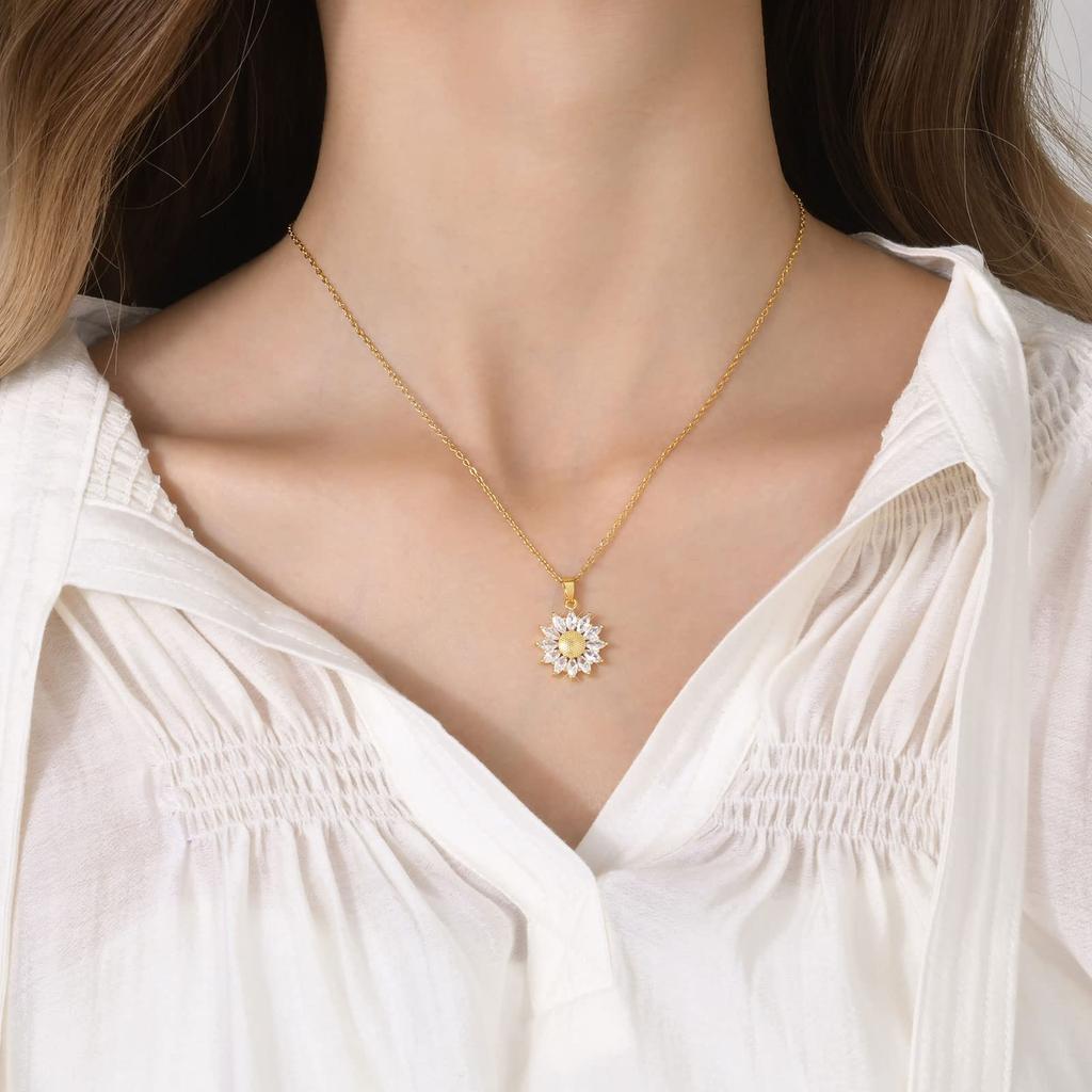 Necklace for Flower Stainless Sun Flower Day Gift [Rockyu] Women, Gold, Necklace, Steel, Hypoallergenic, Pendant, Flower, Zirconia, Mother's
