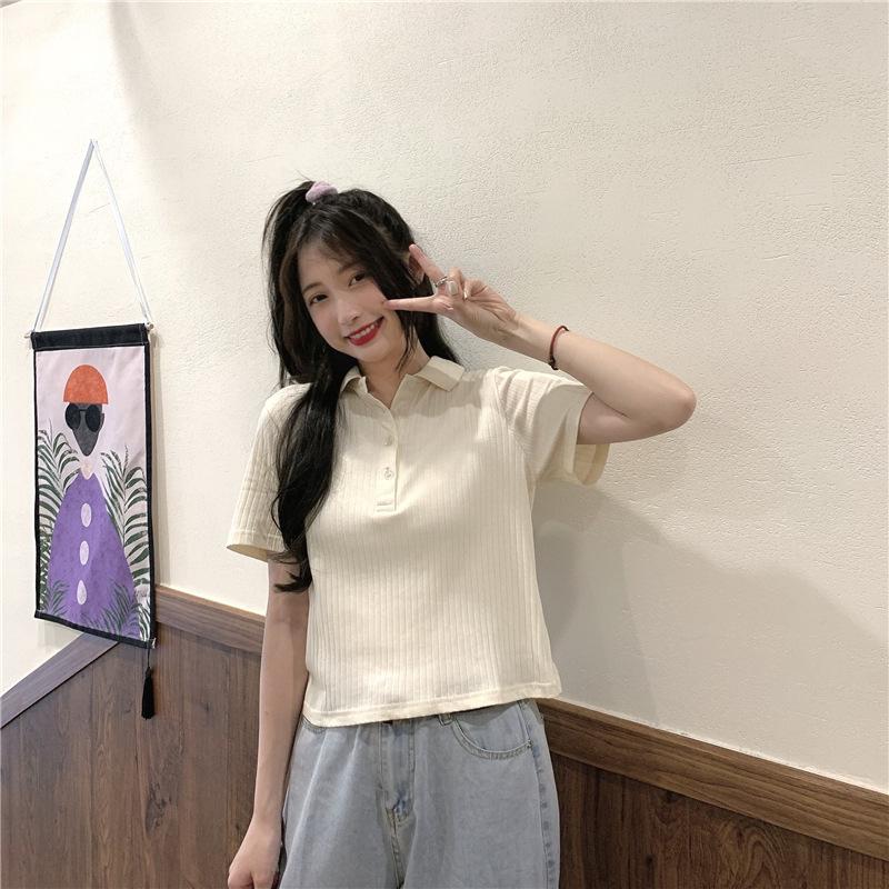 Hot Girl Polo Shirt for Women In Summer New Style Student Design Slim Fit Internet Celebrity Solid Color Short-sleeved Top