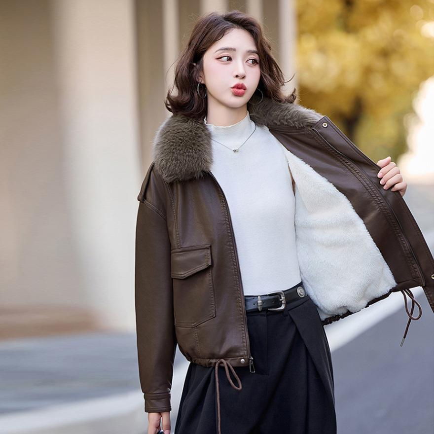 Fur collar plush leather jacket women's winter new short loose locomotive jacket leather jacket