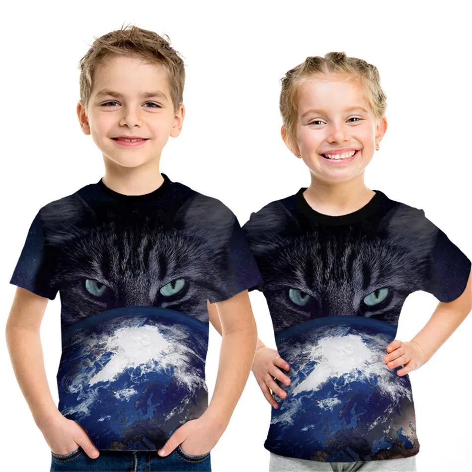 Children's Clothing Boy Girl Short Sleeve Children Summer Clothes 3D Cat Print Lovely Black T-Shirt 2024 Kids Clothes Girl Tops