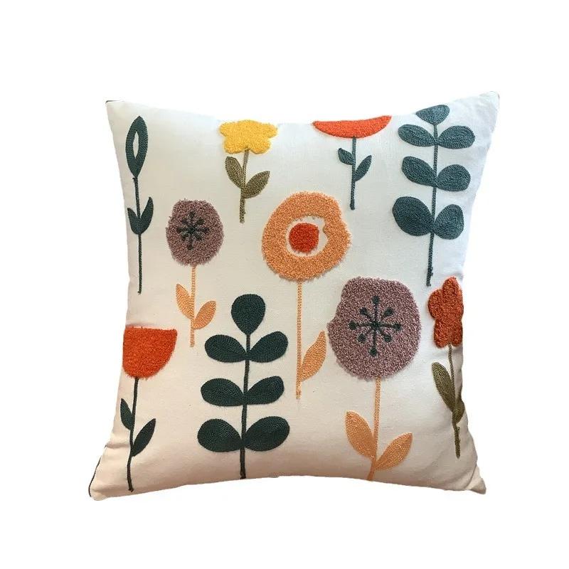 

High Quality Towel Embroidered Cotton Flower Embroidered Cushion Cover Home Fabric Bedside Soft Bag Sofa Decorative Pillow Case 450*450mm