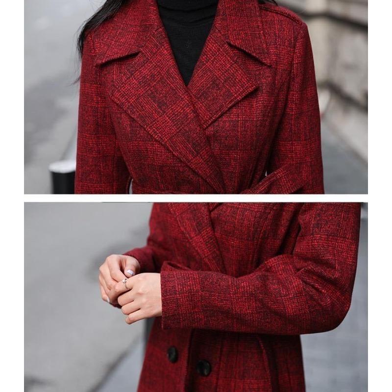 Red Plaid Wool Belted Coat with Notched Lapel Slim Fit Over Knee Simple Elegant Trench Jacket for Women