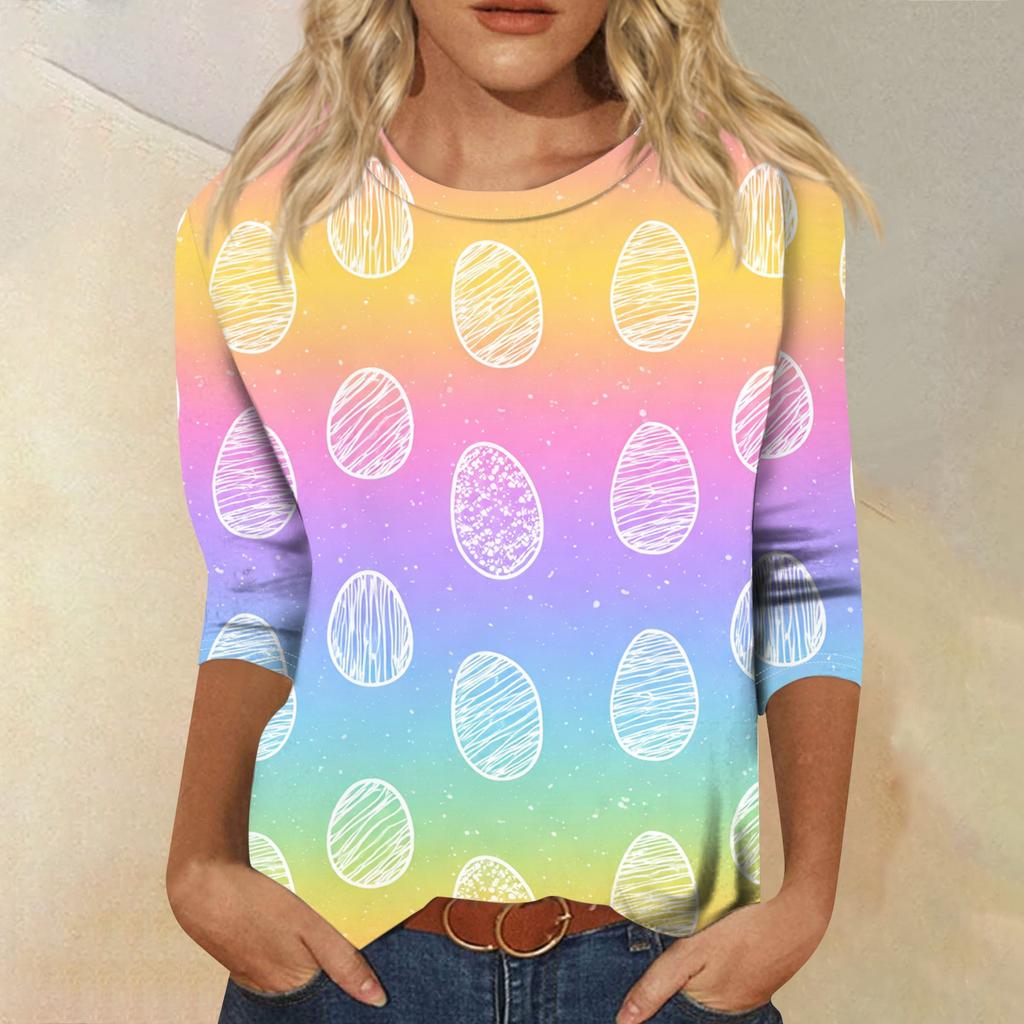 Women's Fashion Casual Sleeve Easter Elements Print Round Neck Top