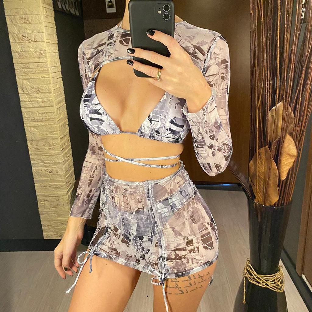 Neue Mit Rock Langarm Gedruckt Halter Bikini Frauen Bademode Weiblichen Badeanzug Vier-stück Bikini set Badende Badeanzug