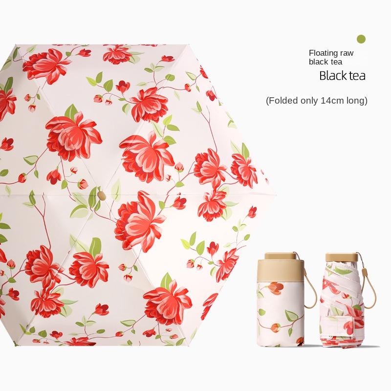 Modischer Sommer UV Mini Schirm für Damen Floral Tragbar Winddicht Taschenformat Faltbarer Sonnenschirm 6-fach Manuell Regenschirm