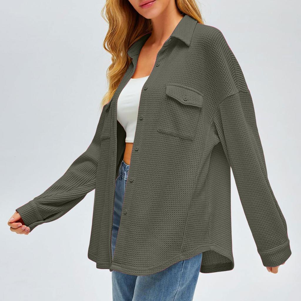 Women's Pocket Blouse Solid Color Casual Loose Long Sleeve Top