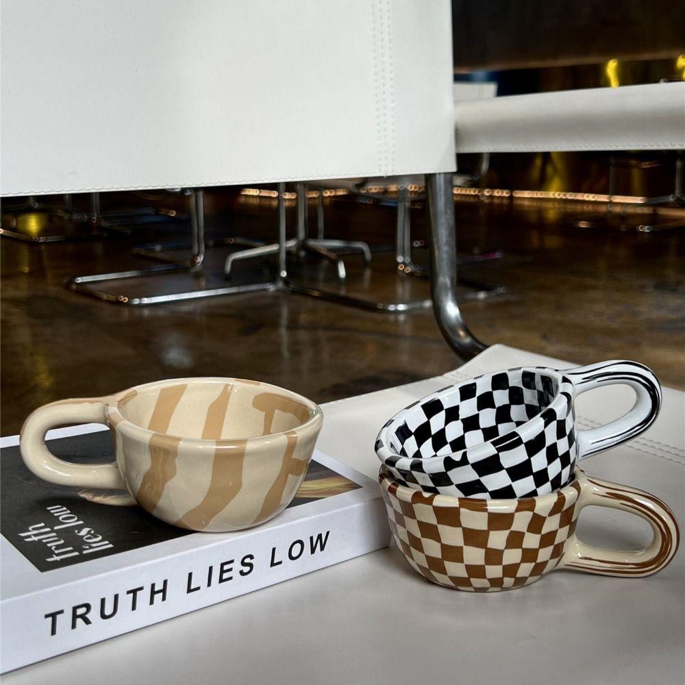 Plaid Irregular Chessboard Mugs INS Breakfast Container Creative Ceramic Coffee Cup  Coffee