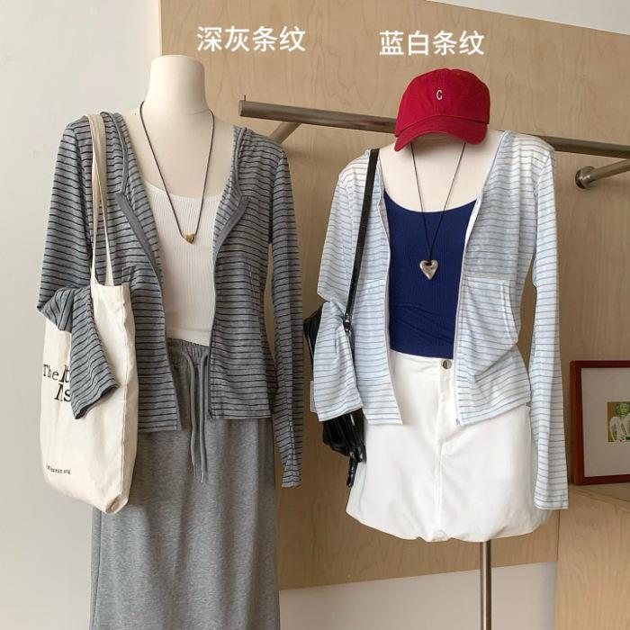 Lyocell Snowflake Lazy Wind Striped Zipper Long Sleeve Hooded Cardigan Jacket Women s Autumn Short Versatile Top Tide S