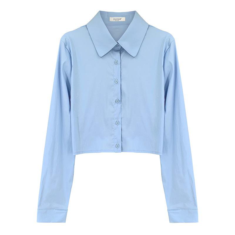 Korean White Cropped Slimming Long Sleeve Shirt for Women