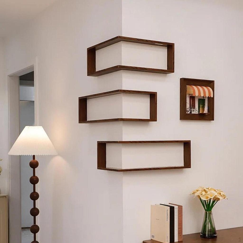 Corner Wall Shelf 90 Degree Bookshelf Multipurpose Decorative Wooden Mounted Storage Rack for