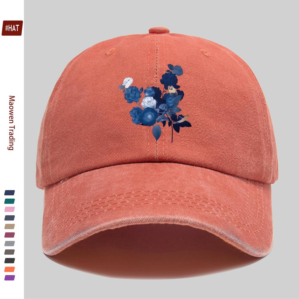 Pc Pcs Blue Floral Trucker Hat Suitable for Men Women Adjustable Washed Buckle Strap Vintage Washed Baseball Cap with Flor