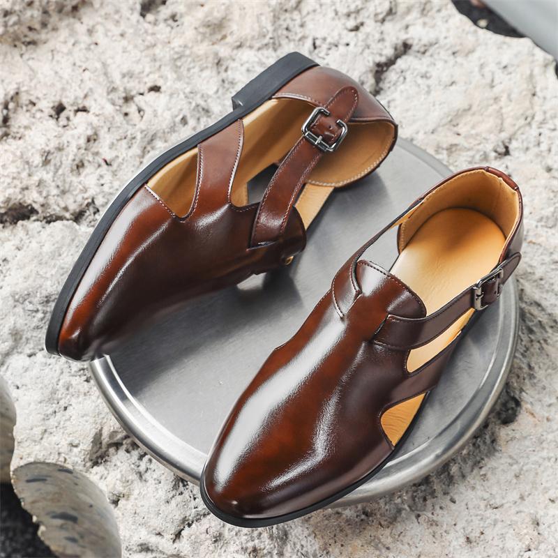 Fashion Summer New Business Sandals Black Brown PU Breathable Hollow Roman Buckle Formal Sandals Size 38-46 Men Sandals