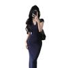 Summer Blue V-neck Knitted Hip-wrapped Dress Temperament Shows Body Long Dress High-end Dress
